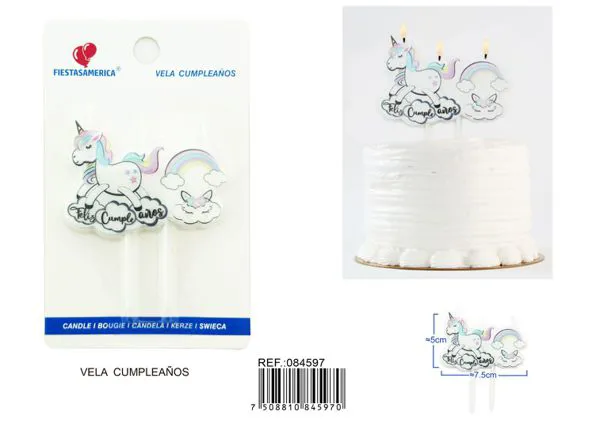 Vela de cumpleaños de unicornio con arcoíris y letrero Feliz Cumpleaños