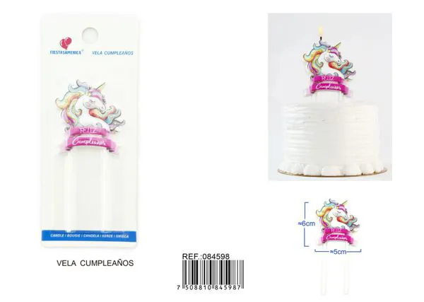 Vela de cumpleaños de unicornio con letrero Feliz Cumpleaños