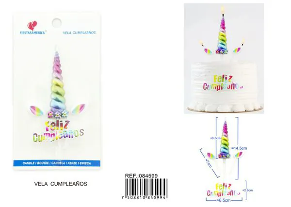 Vela de cumpleaños de unicornio con cuerno de colores y letrero Feliz Cumpleaños