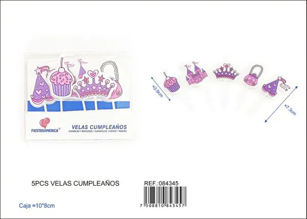 Vela de cumpleaños de princesa rosa con corona, castillo y cupcake (5 piezas)