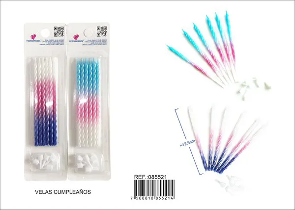 Vela de cumpleaños en espiral degradado azul y rosa (6 piezas)