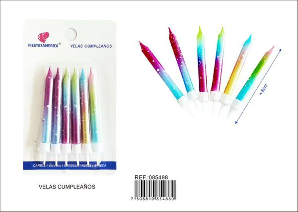 Vela de cumpleaños metalizada arcoíris con puntos blancos (6 piezas)