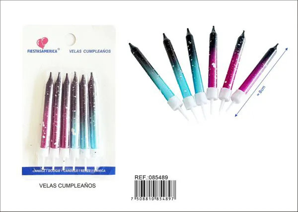 Vela de cumpleaños metalizada morada y azul con puntos blancos (6 piezas)