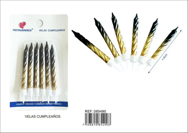 Vela de cumpleaños metalizada degradado dorado y negro (6 piezas)