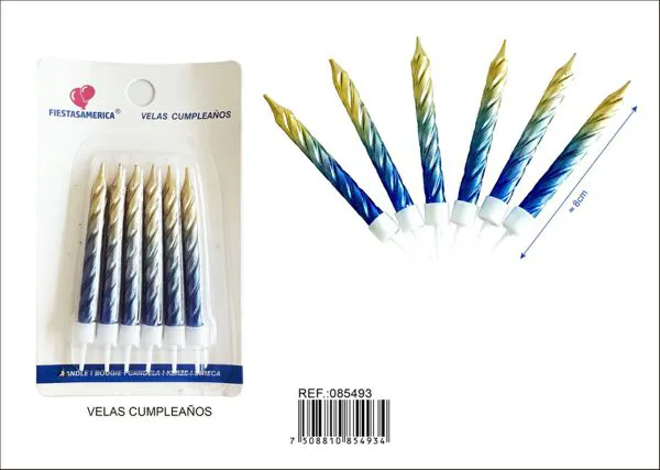 Vela de cumpleaños metalizada degradado dorado y azul (6 piezas)