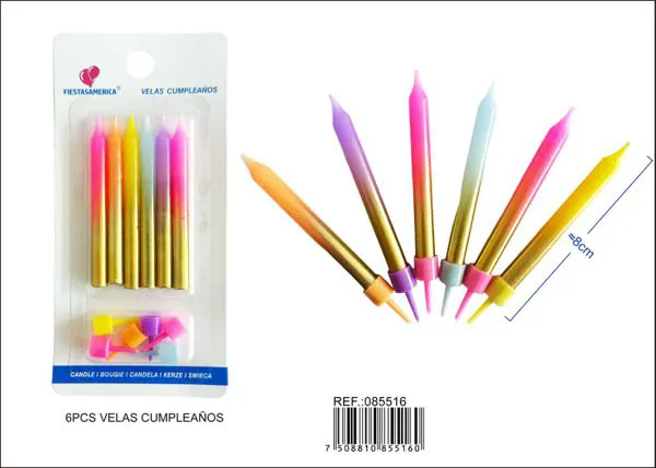 Vela de cumpleaños degradada de colores con soporte (6 piezas)