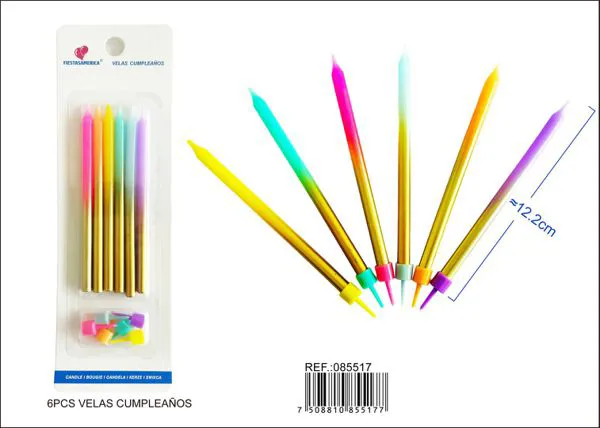 Vela de cumpleaños degradada tornasol con soporte (6 piezas)