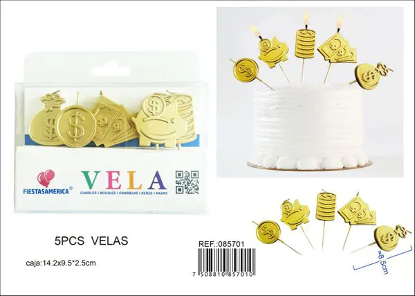 Vela de cumpleaños de dinero dorada con signo de dólar, monedas y cerdito (5 piezas)