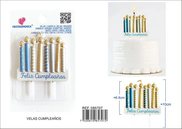 Vela de cumpleaños de velitas azules y doradas con letrero Feliz Cumpleaños