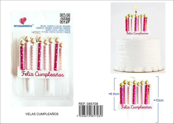 Vela de cumpleaños de velitas rosas y doradas con letrero Feliz Cumpleaños