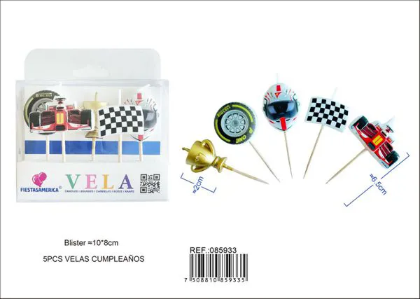 Vela de cumpleaños de carreras con auto de F1, casco y bandera (5 piezas)