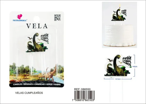 Vela de cumpleaños de dinosaurios con Feliz Cumpleaños