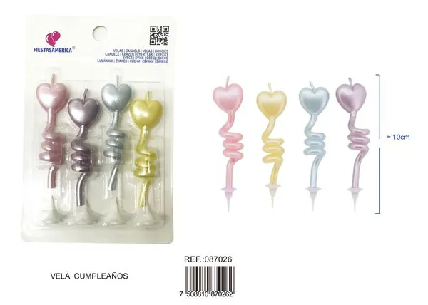 Vela de cumpleaños espiral con corazón perlado 4 piezas