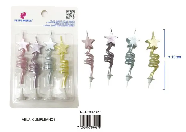 Vela de cumpleaños espiral con estrella perlada 4 piezas