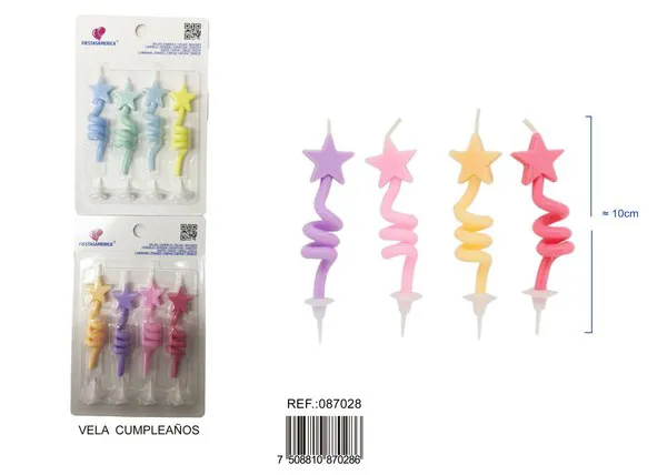 Vela de cumpleaños espiral con estrella de colores 4 piezas