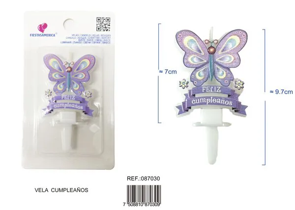 Vela de cumpleaños de mariposa morada Feliz Cumpleaños
