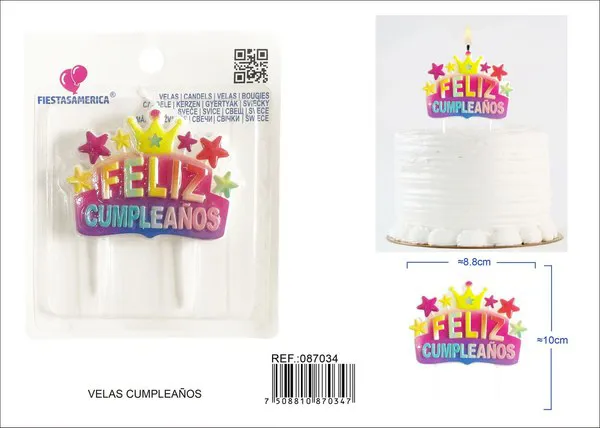 Vela de cumpleaños frase Feliz Cumpleaños con estrellas y corona