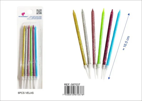 Vela de cumpleaños larga con escarcha de colores 6 piezas