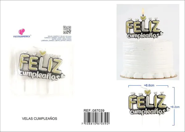 Vela de cumpleaños frase Feliz Cumpleaños dorada y plateada
