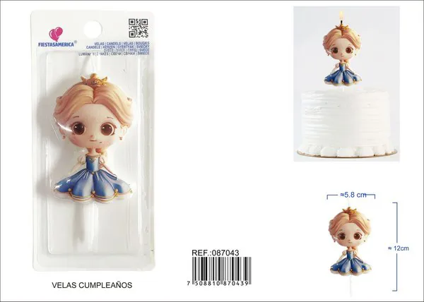 Vela de cumpleaños de princesa con vestido azul