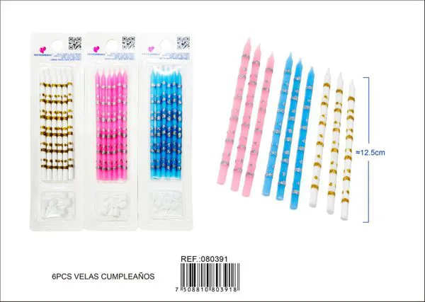 Velas de cumpleaños con perlas doradas de colores