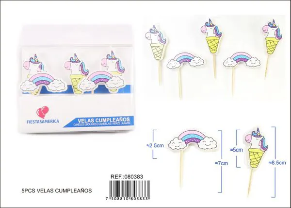 Velas de cumpleaños de unicornio, helado y arcoíris