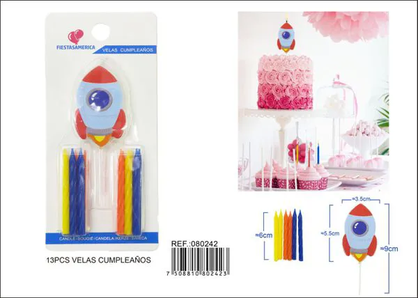 Velas de cumpleaños de cohete con velas de colores