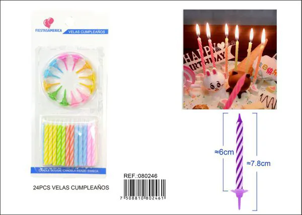 Velas de cumpleaños con rayas de colores 24 piezas