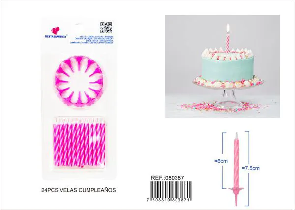 Velas de cumpleaños con rayas rosas 24 piezas