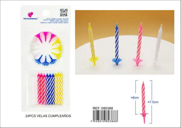 Velas de cumpleaños con rayas de colores surtidas 24 piezas