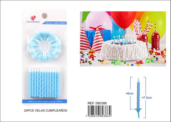 Velas de cumpleaños con rayas azules 24 piezas