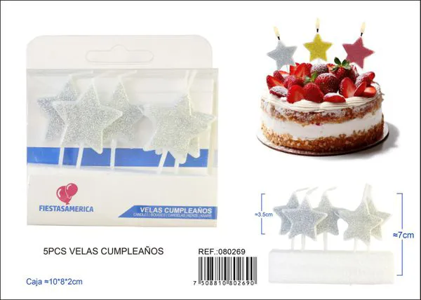 Velas de cumpleaños de estrella plateada con escarcha