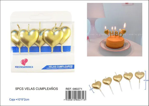 Velas de cumpleaños de corazón dorado metálico