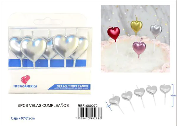 Velas de cumpleaños de corazón plateado metálico
