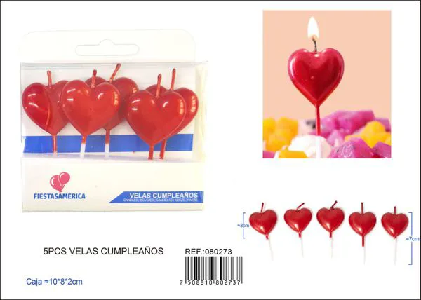 Velas de cumpleaños de corazón rojo metálico