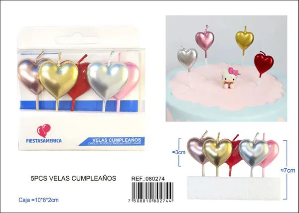 Velas de cumpleaños de corazón metálico de colores