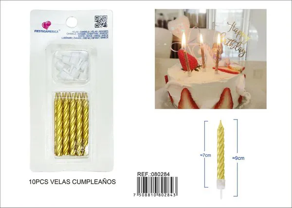 Velas de cumpleaños espirales doradas 10 piezas