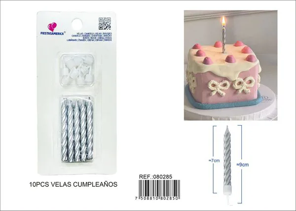 Velas de cumpleaños espirales plateadas 10 piezas