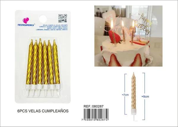 Velas de cumpleaños espirales doradas 6 piezas