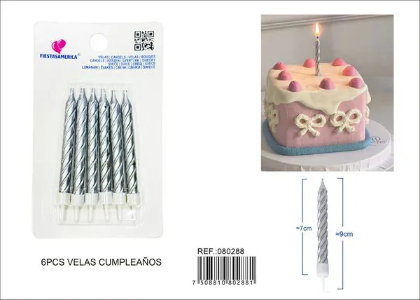 Velas de cumpleaños espirales plateadas 6 piezas