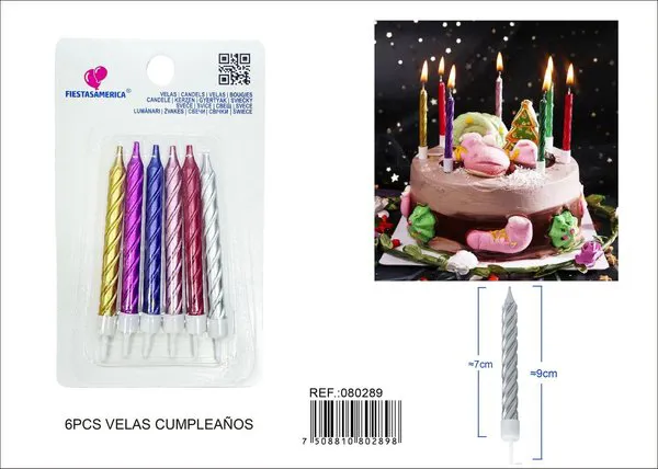 Velas de cumpleaños espirales multicolor 6 piezas