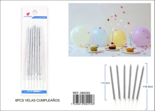 Velas de cumpleaños altas plateadas con escarcha 6 piezas