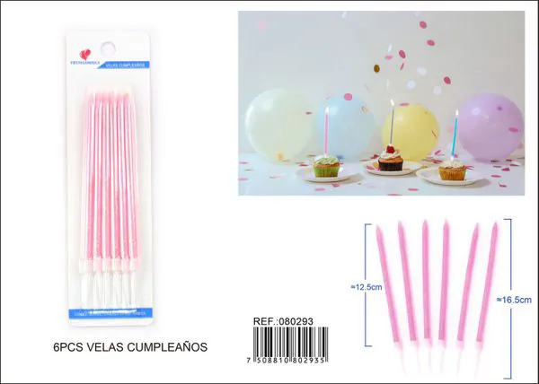 Velas de cumpleaños altas rosas con escarcha 6 piezas