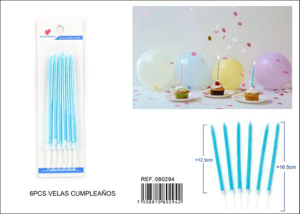 Velas de cumpleaños altas azules con escarcha 6 piezas