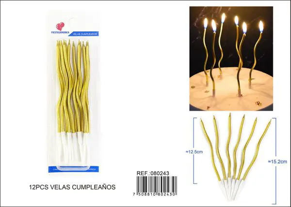 Velas de cumpleaños onduladas doradas 12 piezas