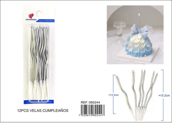 Velas de cumpleaños onduladas plateadas 12 piezas