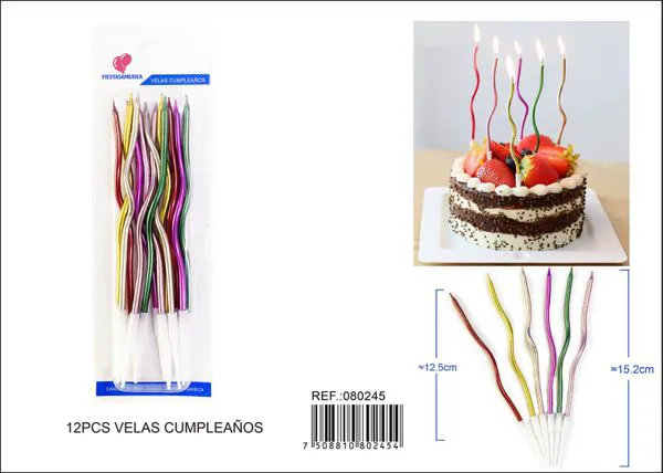 Velas de cumpleaños onduladas multicolor 12 piezas