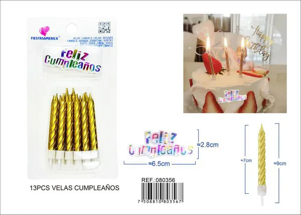 Velas de cumpleaños espirales doradas con letrero Feliz Cumpleaños
