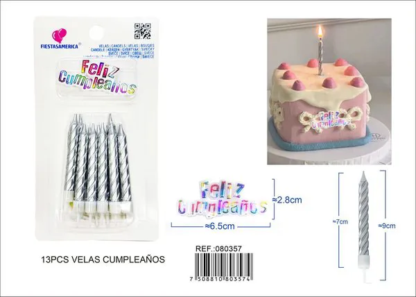 Velas de cumpleaños espirales plateadas con letrero Feliz Cumpleaños