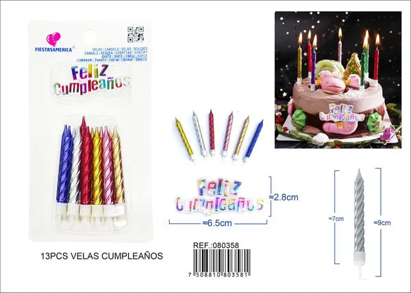Velas de cumpleaños espirales multicolor con letrero Feliz Cumpleaños